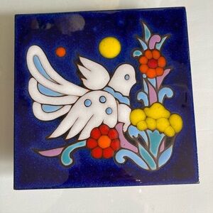 Colorful Ceramic Tile Trivet Wall Hanging with Dove and Flowers